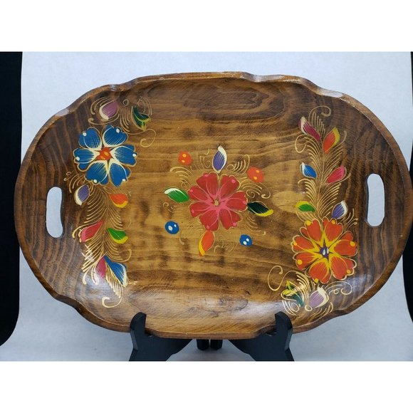 Vintage Wooden Hand Painted Floral Handled Serving Tray Bowl - Mexico - Picture 2 of 8
